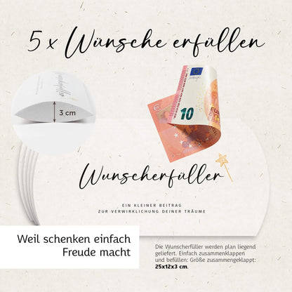 5 Wunscherfüller Geschenkboxen zum Verpacken von Geldgeschenken, ideal für besondere Anlässe, Größe 25x12x3 cm.