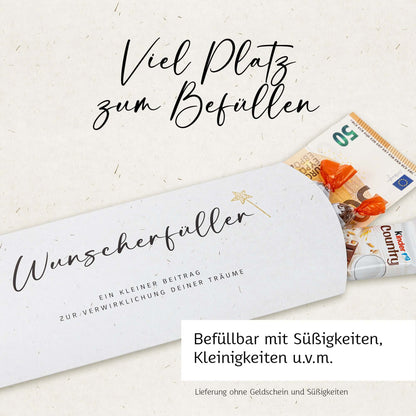 Geldgeschenk Verpackung Wunscherfüller mit Platz für Geldscheine und Süßigkeiten.