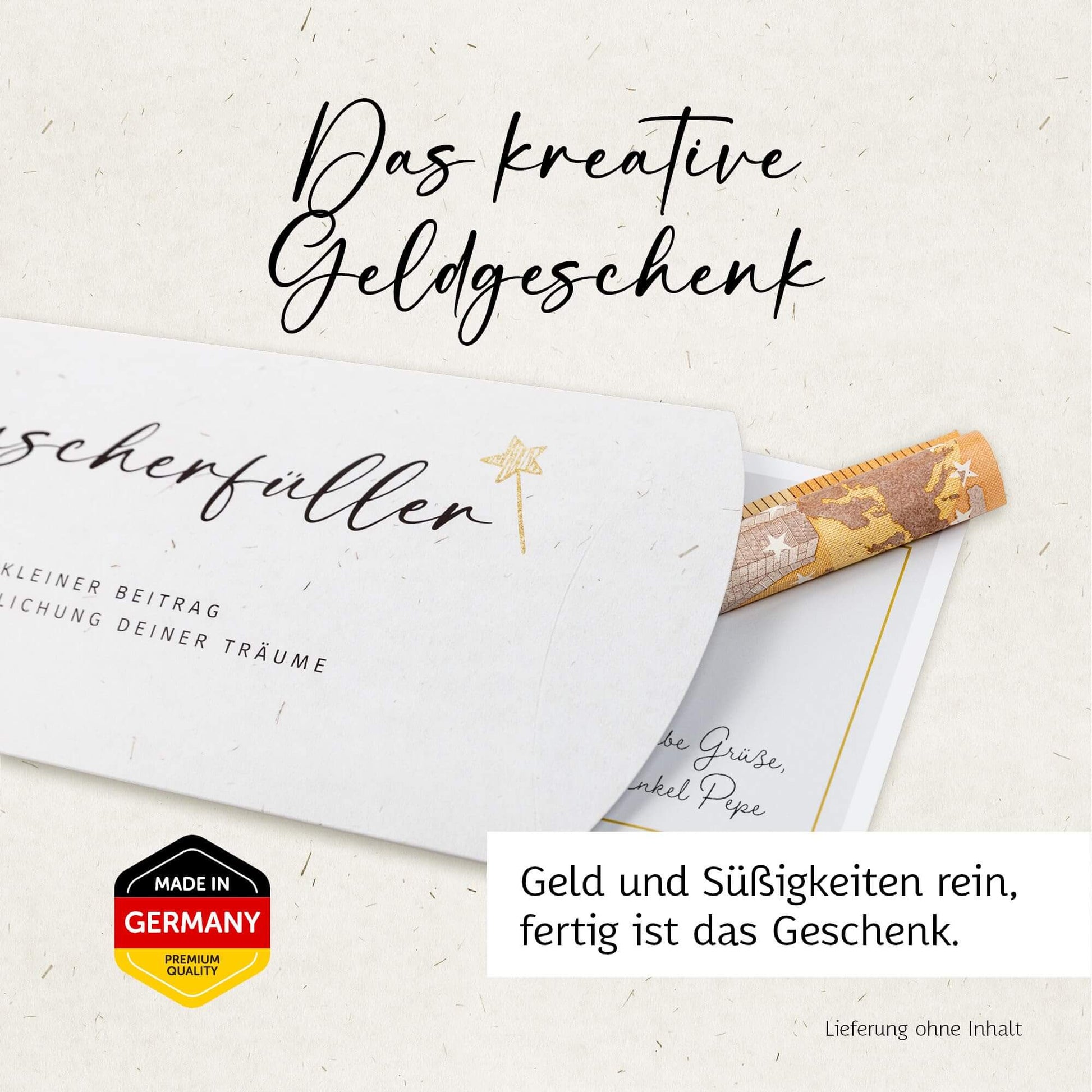 Stilvolle Geldgeschenk Verpackung 'Wunscherfüller' mit Geldschein und süßen Kleinigkeiten, ideal für jeden Anlass.
