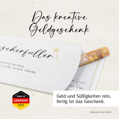 Stilvolle Geldgeschenk Verpackung 'Wunscherfüller' mit Geldschein und süßen Kleinigkeiten, ideal für jeden Anlass.