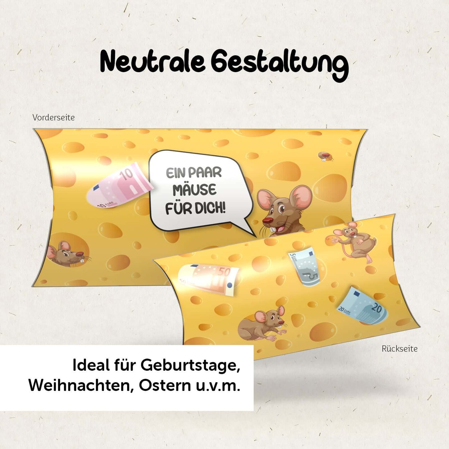 Geldgeschenk Verpackung 'Ein paar Mäuse für dich' im Käse-Design, ideal für Geschenke zu jedem Anlass.