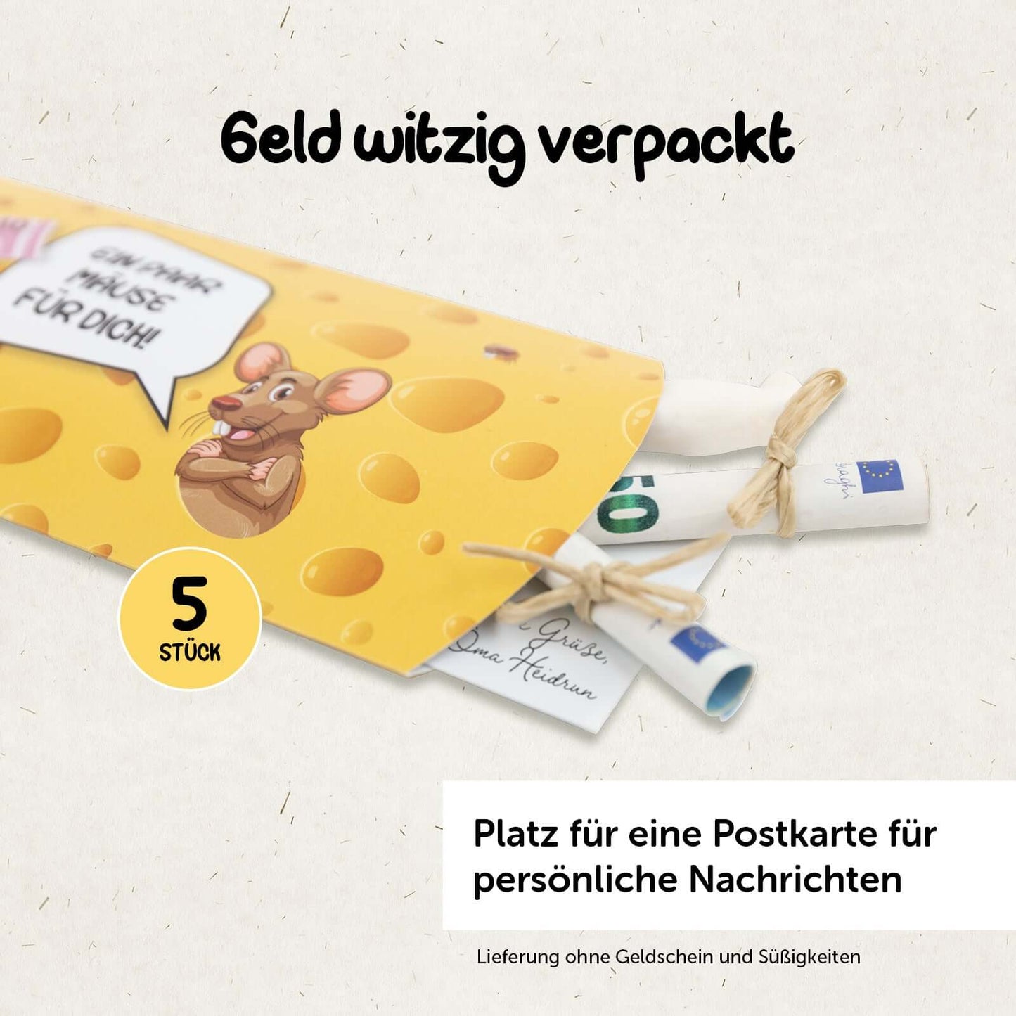 Geldgeschenke Verpackung mit Käse-Maus-Design, ideal für Geldscheine und persönliche Nachrichten, Set mit 5 Stück.