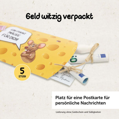 Geldgeschenke Verpackung mit Käse-Maus-Design, ideal für Geldscheine und persönliche Nachrichten, Set mit 5 Stück.
