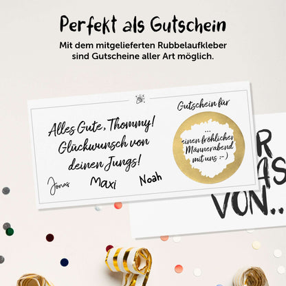 Glückwunschkarte mit Rubbel-Gutschein und personalisierbarem Text für verschiedene Anlässe, um Freude zu bereiten.
