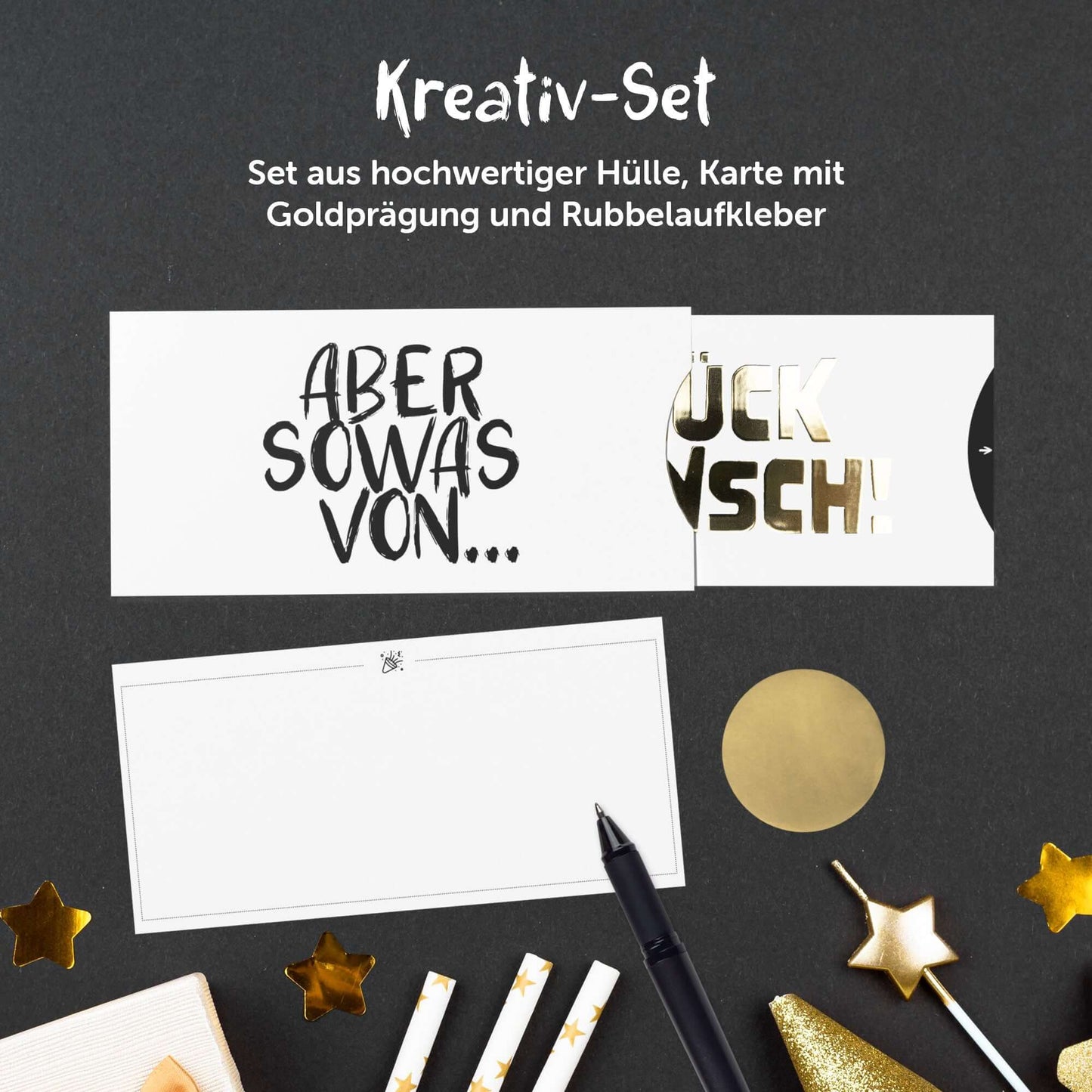 Glückwunschkarte mit Golddruck und Rubbelaufkleber im Kreativ-Set, Hülle mit frechem Spruch.