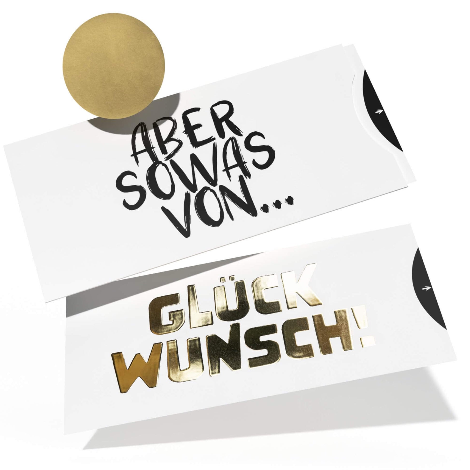 Glückwunschkarte mit Golddruck, Spruch "Aber sowas von..." Rubbelaufkleber und Schuber