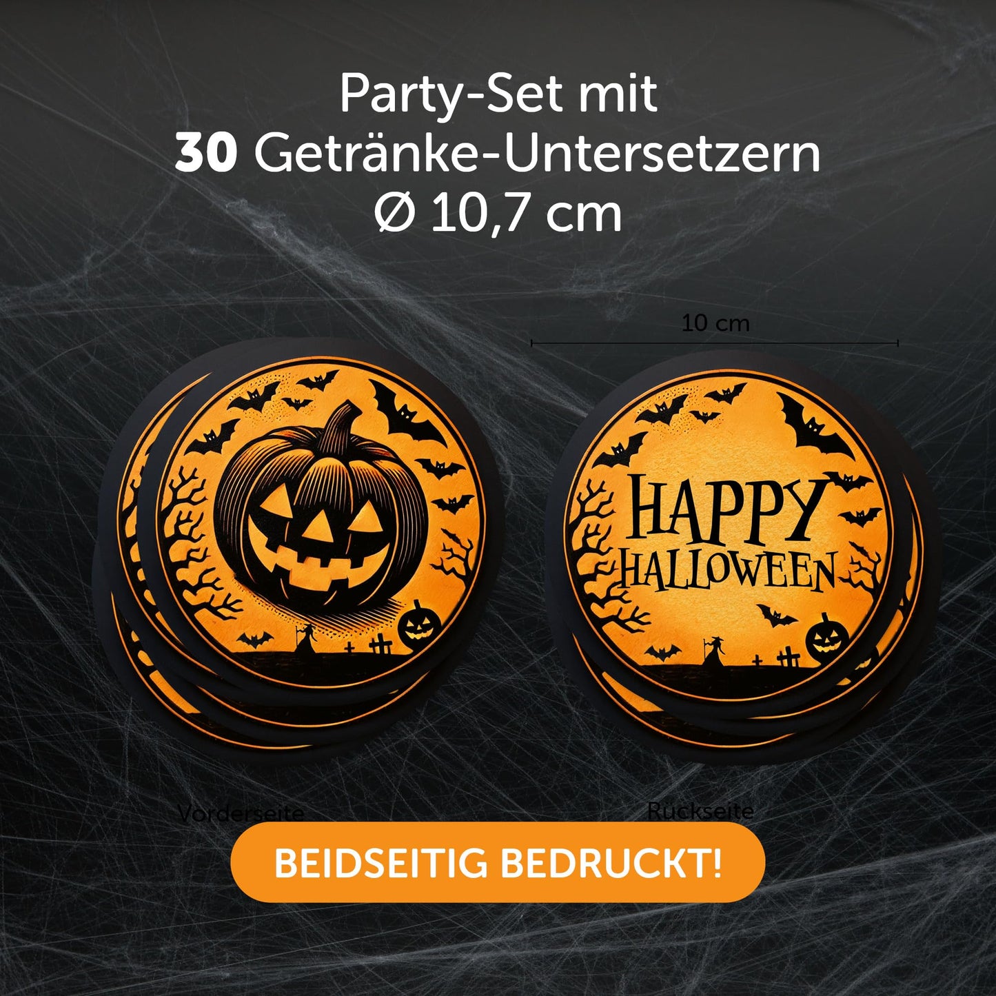 Gruselige Halloween Bierdeckel 30er Set – Kürbis-Motiv & Happy Halloween, 10,7 cm Durchmesser mit gruseligem Design