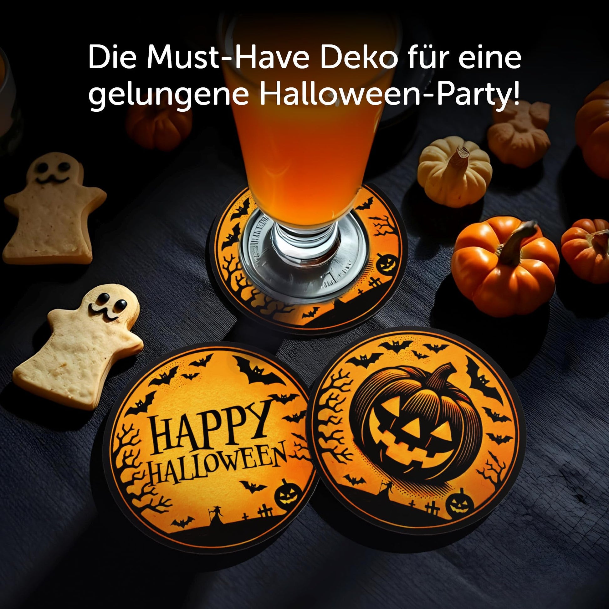 Gruselige Halloween Bierdeckel 30er Set – Kürbis-Motiv & Happy Halloween, 10,7 cm Durchmesser auf Halloween-Tisch.