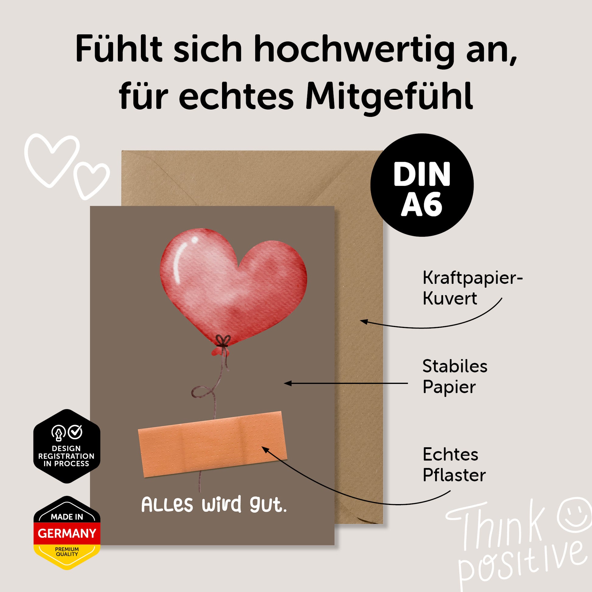 Gute Besserung Karte, süße DIN A6 - Alles wird gut - Genesungskarte mit echtem Pflaster und Kraftpapier Kuvert.