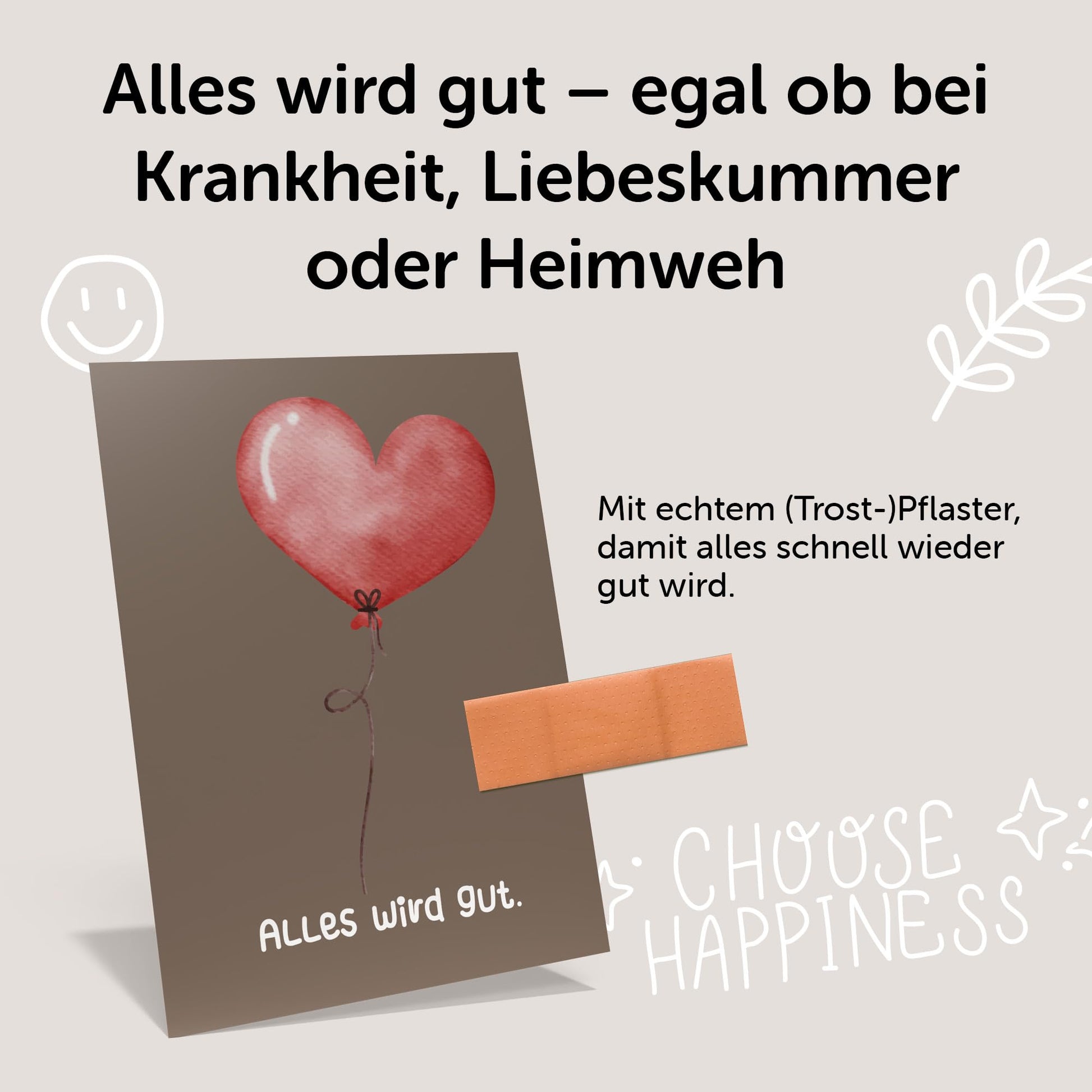 Gute Besserung Karte, süße DIN A6 - Alles wird gut - Genesungskarte mit echtem Pflaster und Kraftpapier Kuvert.