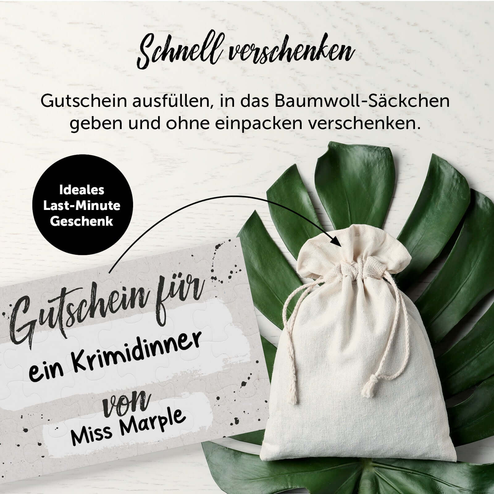 Baumwollsäckchen mit Gutschein für Krimidinner, kreatives Last-Minute Geschenk, schnell und ohne Einpacken verschenken.