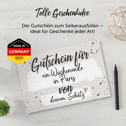 Gutschein Puzzle für ein Wochenende in Paris, kreative Geschenkidee aus Deutschland, ideal für viele Anlässe.