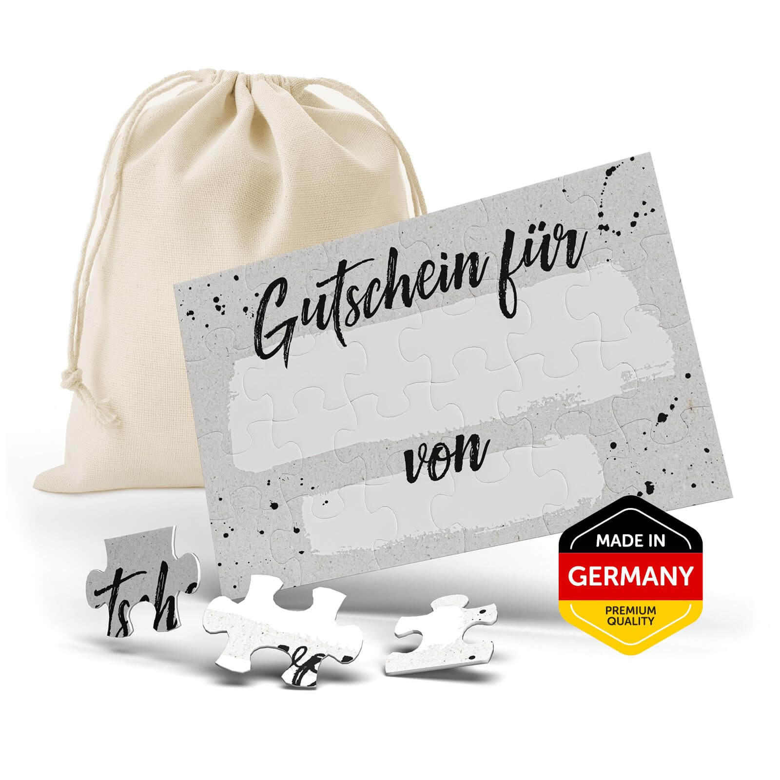 Gutschein Puzzle im DIN A6 Format mit Stoffbeutel, 24-teilig, kreative Geschenkidee, hochwertiger Karton.