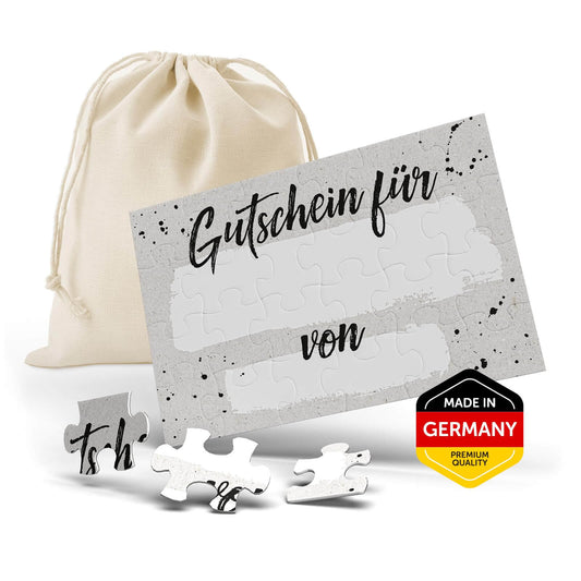 Gutschein Puzzle im DIN A6 Format mit Stoffbeutel, 24-teilig, kreative Geschenkidee, hochwertiger Karton.