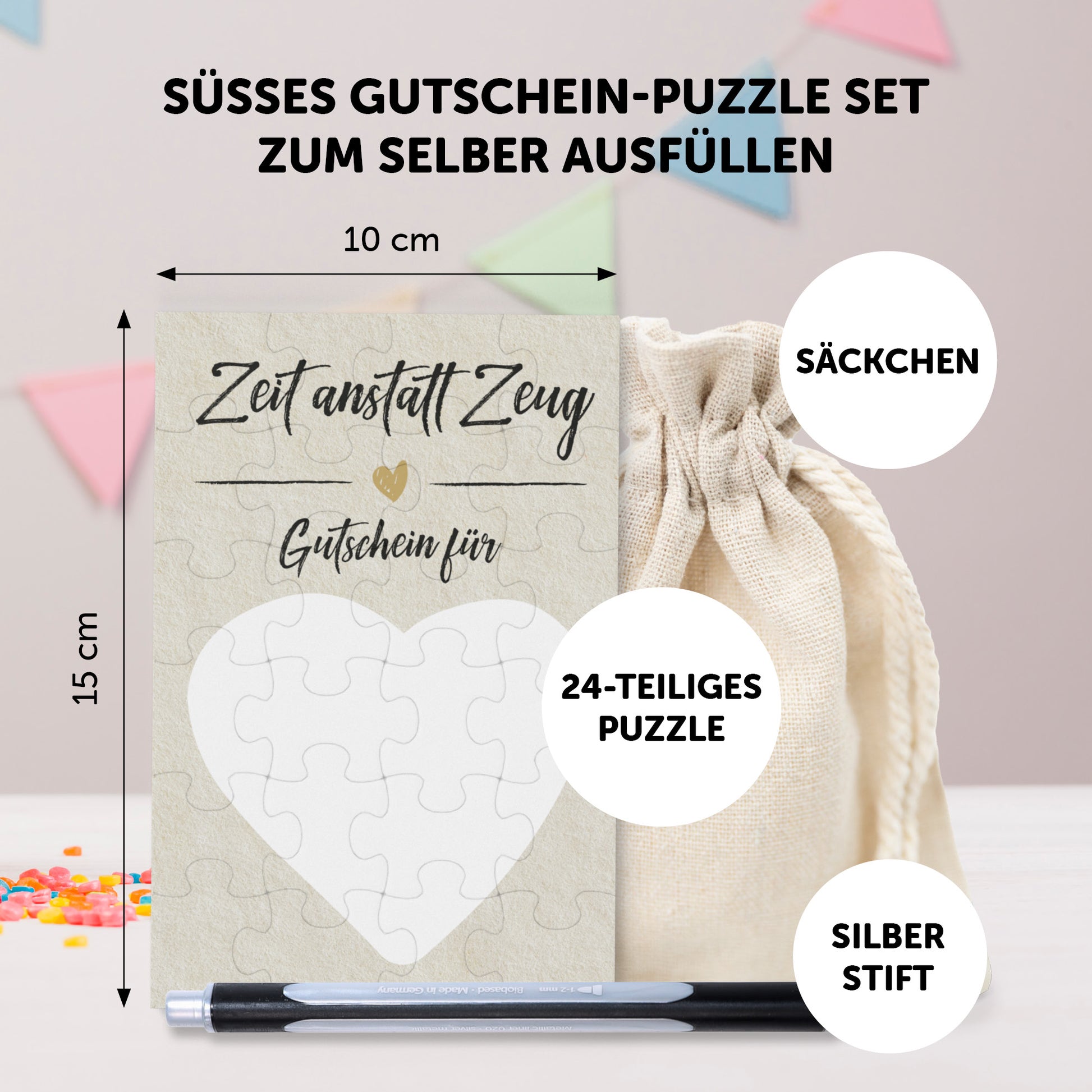 Gutschein Puzzle Set Zeit anstatt Zeug, 24-teilig mit Säckchen und Stift, ideal für gemeinsame Erlebnisse.