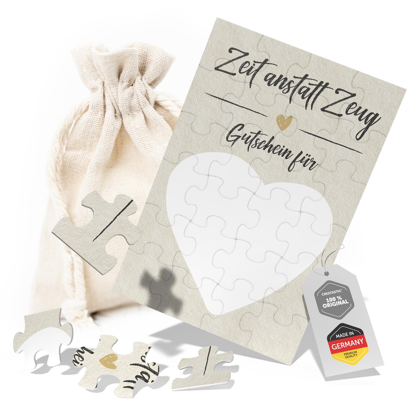 Gutschein Puzzle in Säckchen, 24-teilig, kreative Geschenkidee für gemeinsame Zeit, DIN A6.