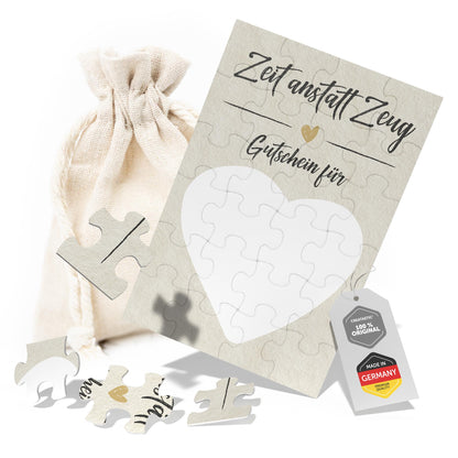 Gutschein Puzzle in Säckchen, 24-teilig, kreative Geschenkidee für gemeinsame Zeit, DIN A6.