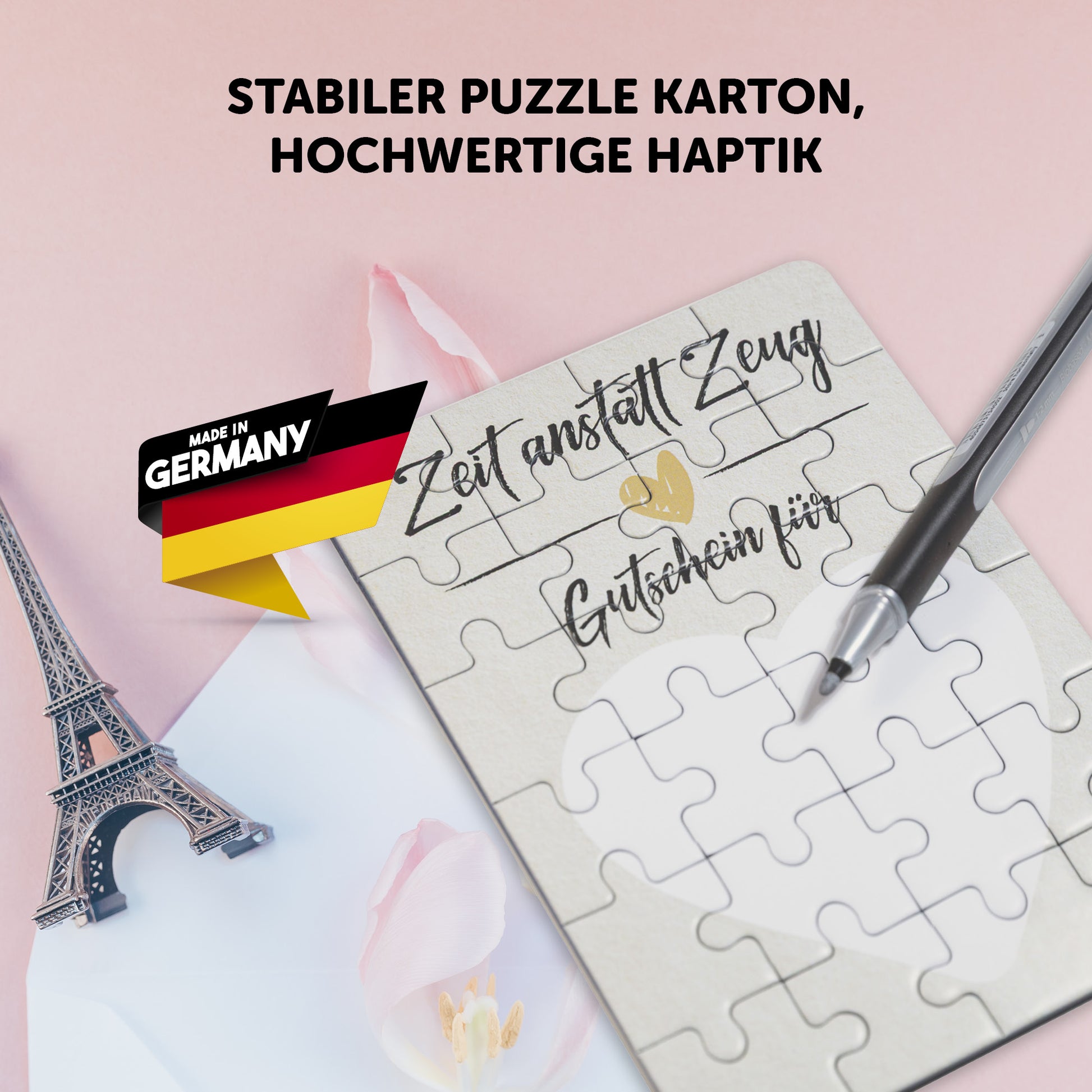 Gutschein Puzzle aus stabilem Karton, hochwertige Haptik, ideal für gemeinsame Zeit, made in Germany.
