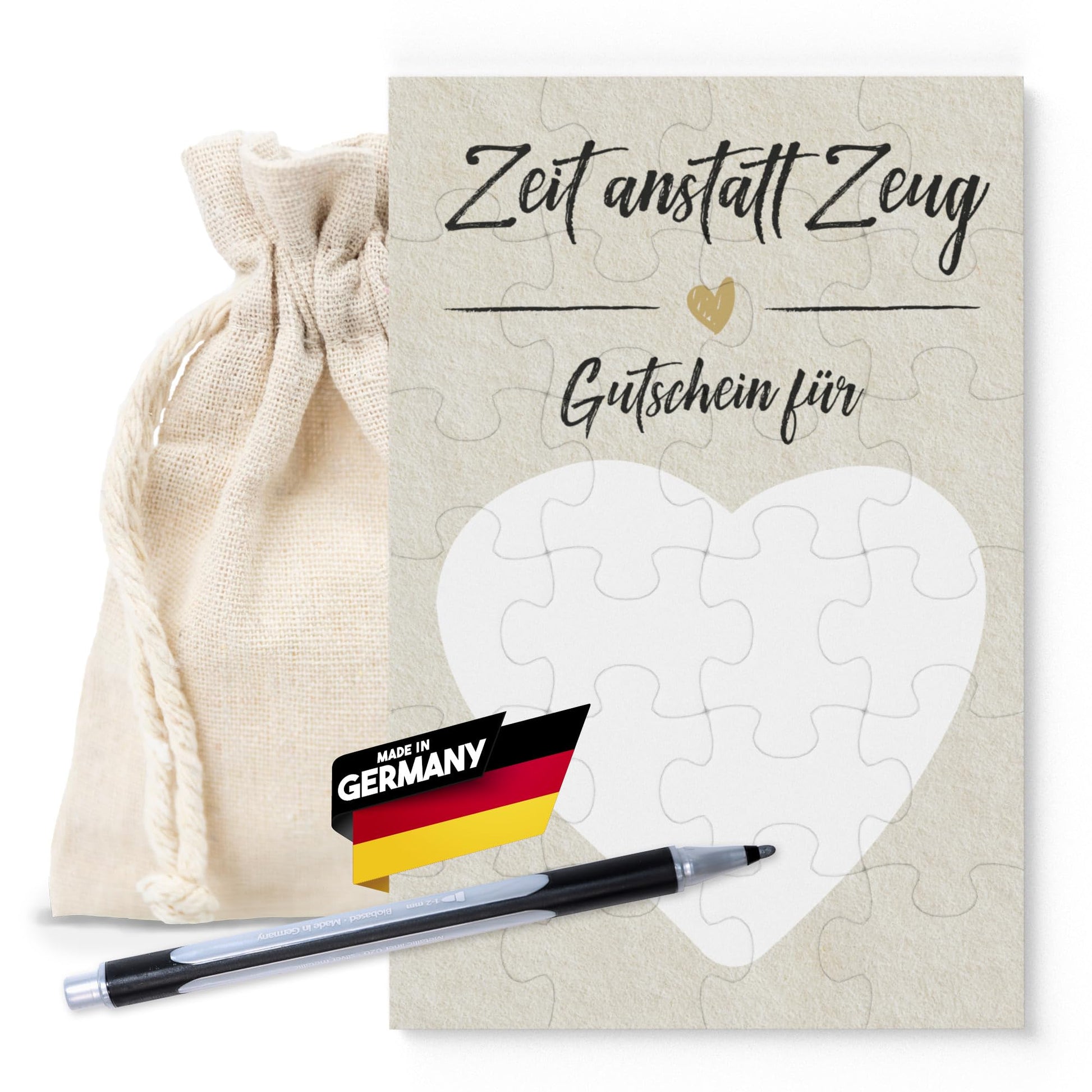 Gutschein Puzzle Zeit anstatt Zeug in DIN A6, mit Säckchen und Stift, ideales Geschenk für gemeinsame Erlebnisse.