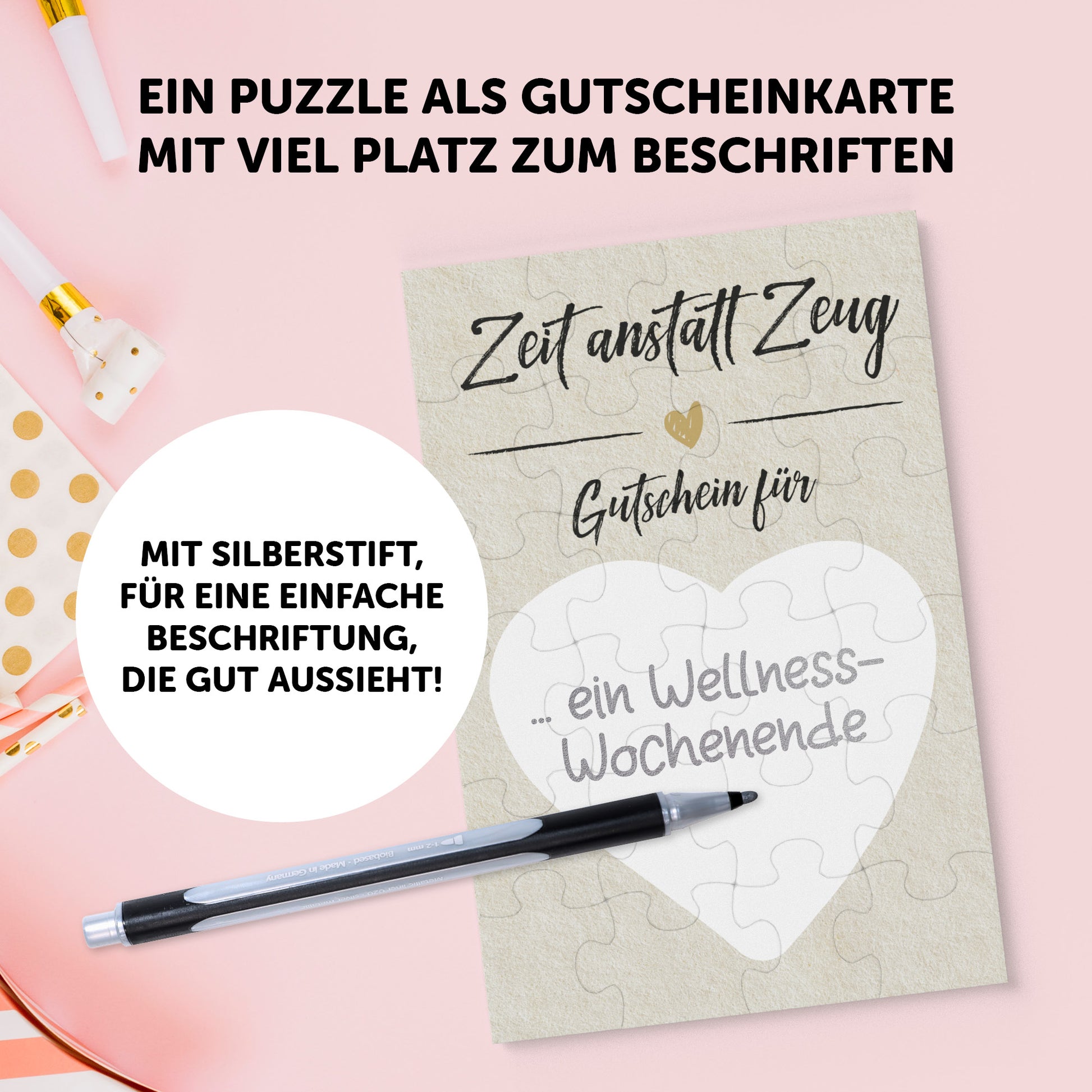 Gutschein Puzzle Zeit anstatt Zeug mit beschriftbarem Herz für besondere Geschenke und gemeinsame Erlebnisse.
