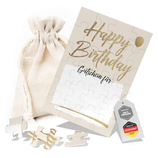 Happy Birthday Gutschein Puzzle mit 24 Teilen und Stoffbeutel, ideales Geburtstagsgeschenk Erlebnis.