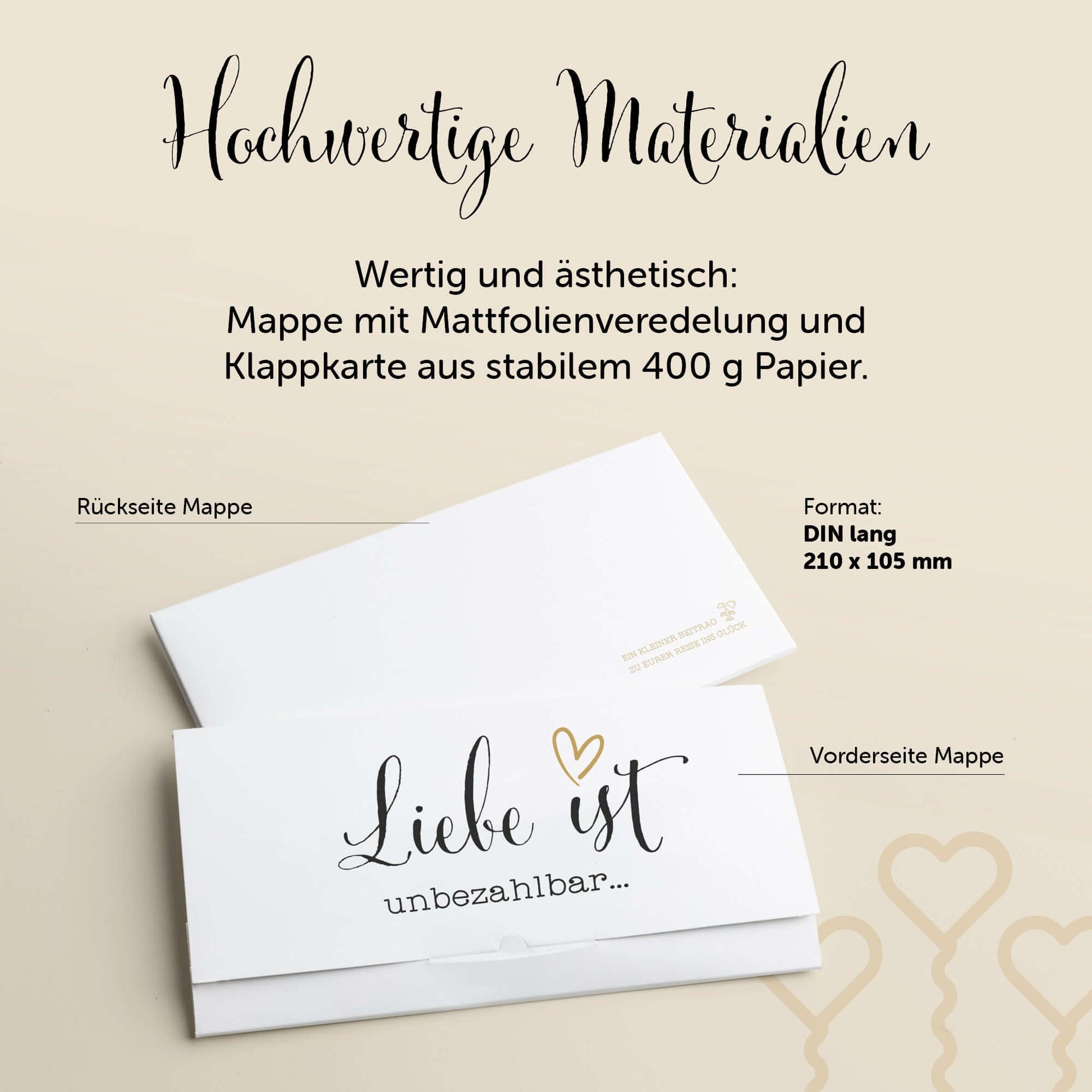 Hochzeitskarte im DIN lang Format mit edler Mappe und stabilem Papier, ideal für Geldgeschenke zur Hochzeit.