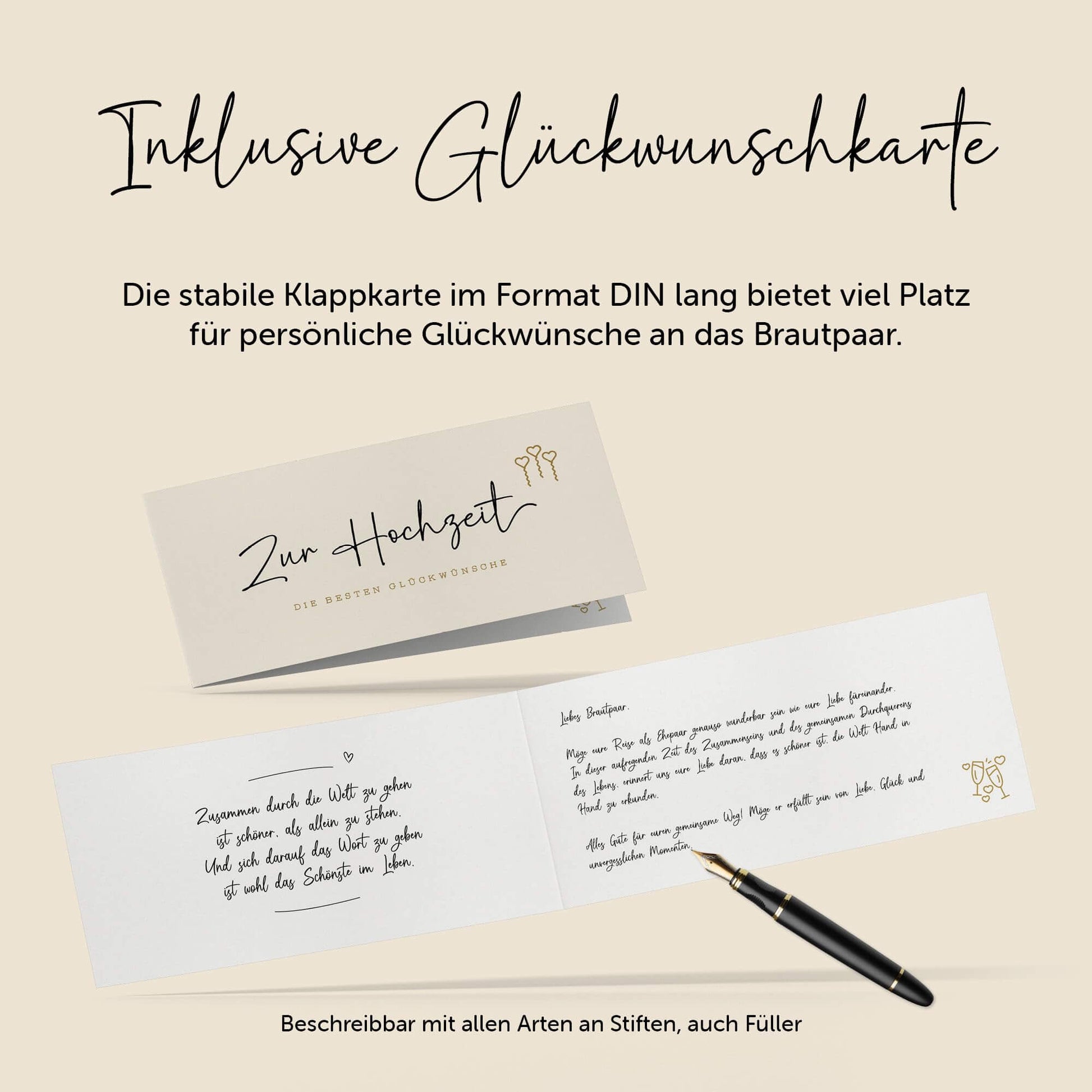 Hochzeitskarte im DIN lang Format mit Platz für persönliche Glückwünsche an das Brautpaar.