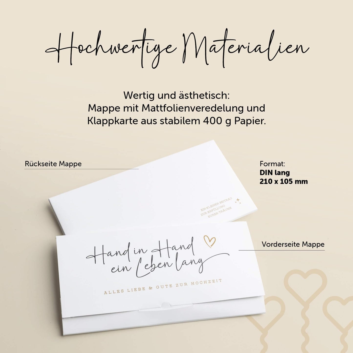 Hochzeitskarte und Mappe im DIN lang Format, hergestellt aus hochwertigem, stabilen 400 g Papier.