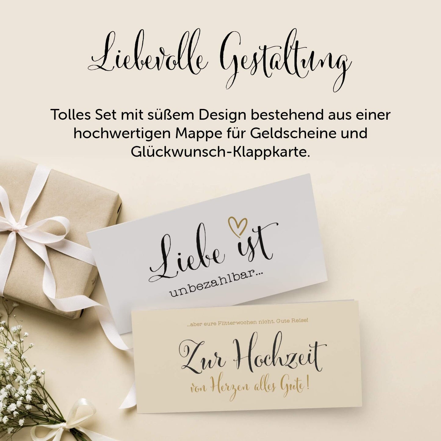 Elegante Hochzeitskarte und Mappe für Geldgeschenke im DIN lang Format, ideales Design für persönliche Glückwünsche.