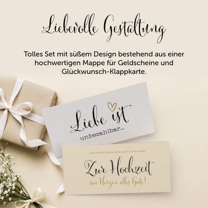 Elegante Hochzeitskarte und Mappe für Geldgeschenke im DIN lang Format, ideales Design für persönliche Glückwünsche.