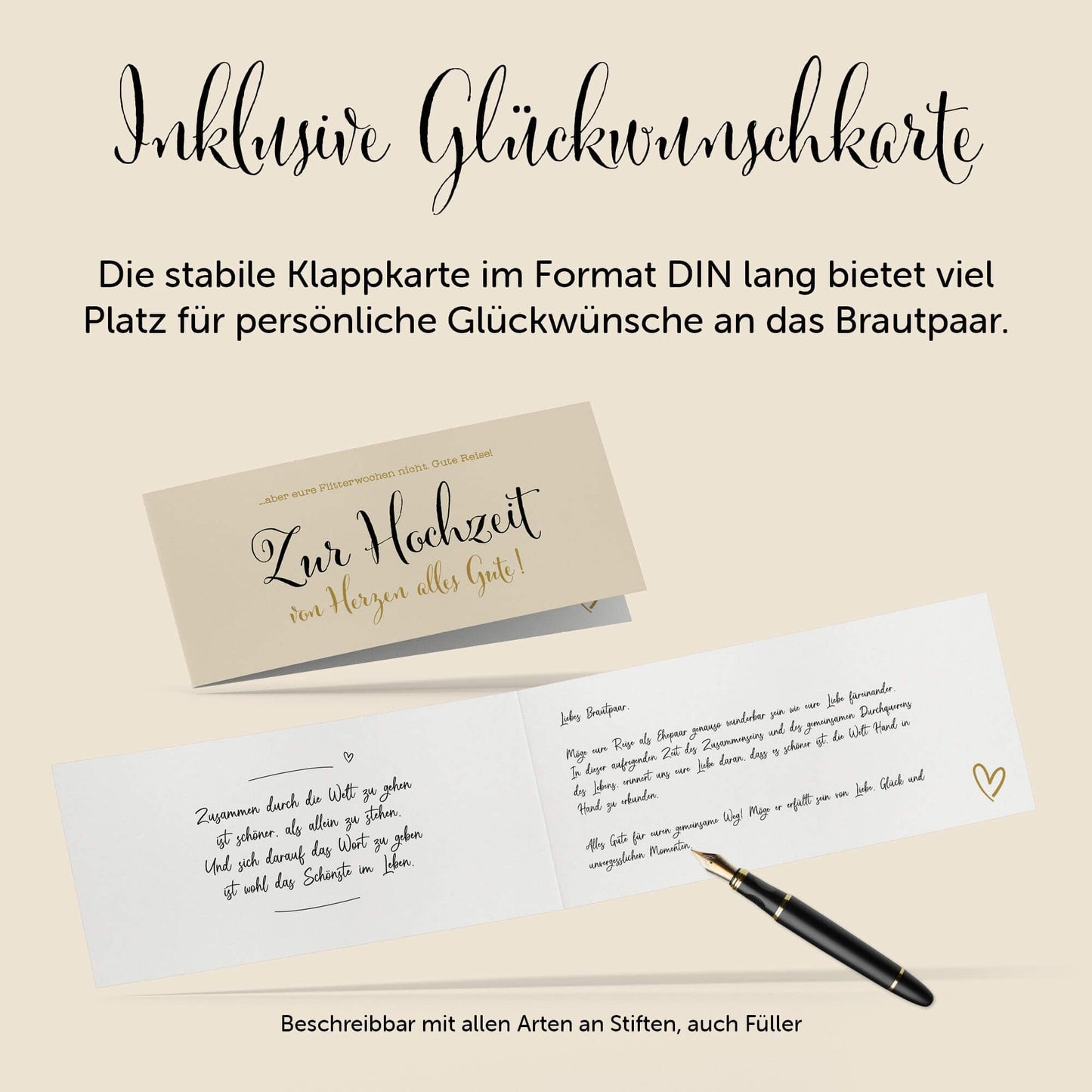 Hochzeitskarte im DIN lang Format mit Platz für persönliche Glückwünsche an das Brautpaar.