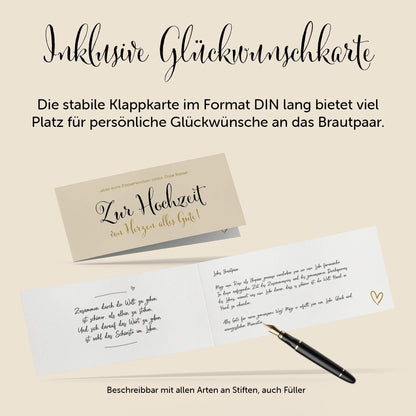 Hochzeitskarte im DIN lang Format mit Platz für persönliche Glückwünsche an das Brautpaar.