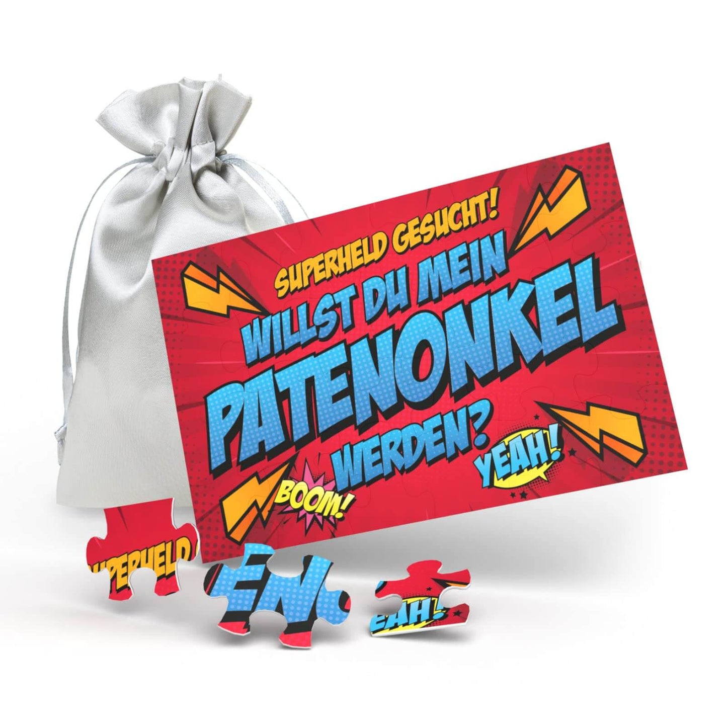 24-piece superhero design puzzle asking "Willst du mein Patenonkel werden?" with satin pouch.