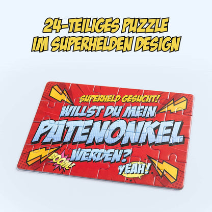24-piece superhero puzzle asking 'Willst du mein Patenonkel werden?' in colorful design.
