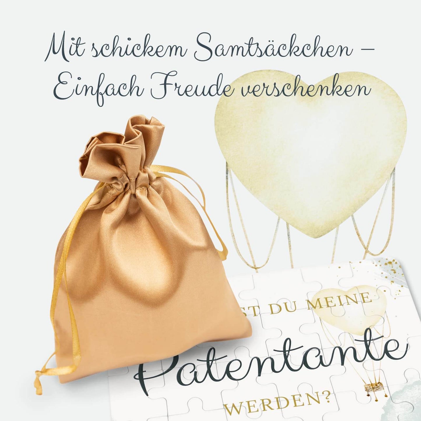 Goldfarbenes Samtsäckchen für kreative Geschenke, um die Patentante zu fragen, zusammen mit einem Puzzle.