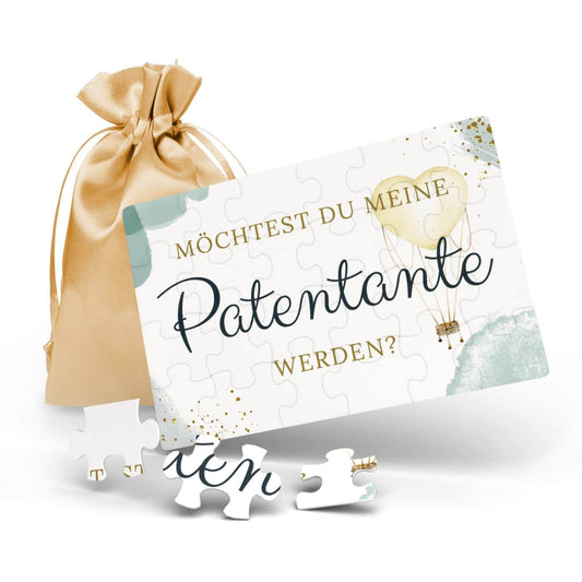 Patentante werden Puzzle mit Satin-Säckchen, 24 Teile, kreative Geschenkidee zur Geburtsankündigung.