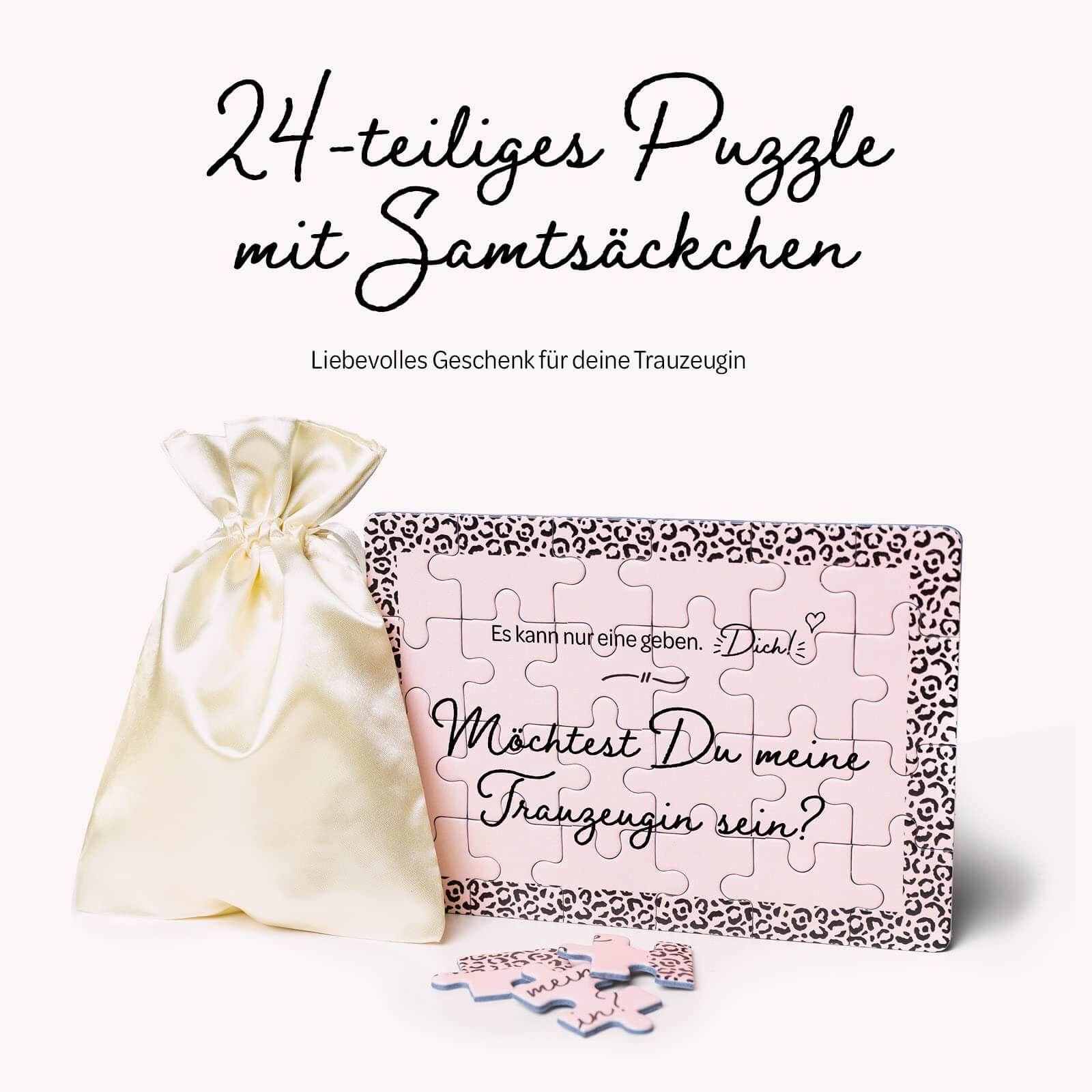 24-teiliges Puzzle im Leopardenlook für Trauzeugin mit Samtsäckchen in Rosa und Schwarz.