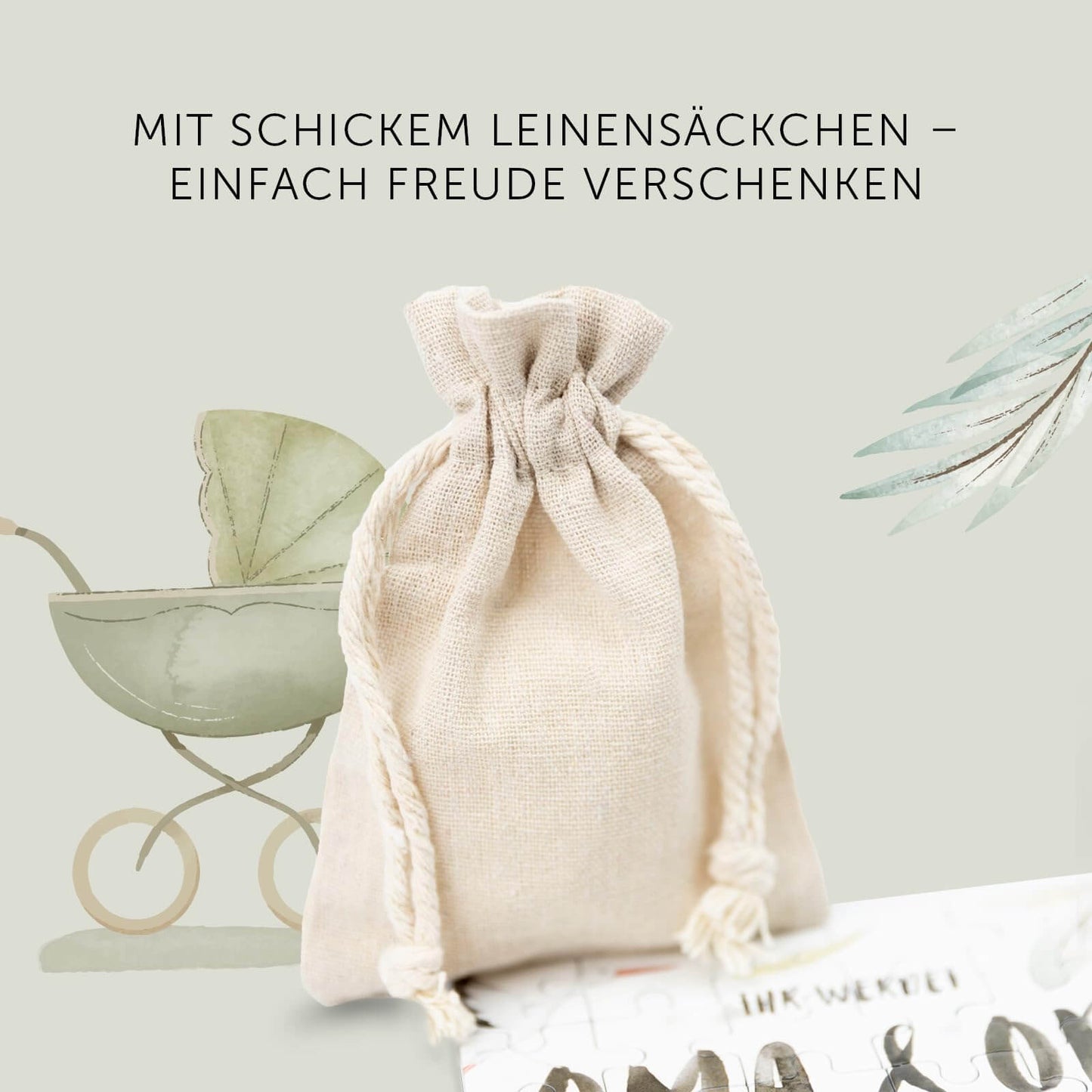 Elegantes Leinen-Gradualsäckchen für Geschenke, ideal für Schwangerschaftsankündigungen für Großeltern.