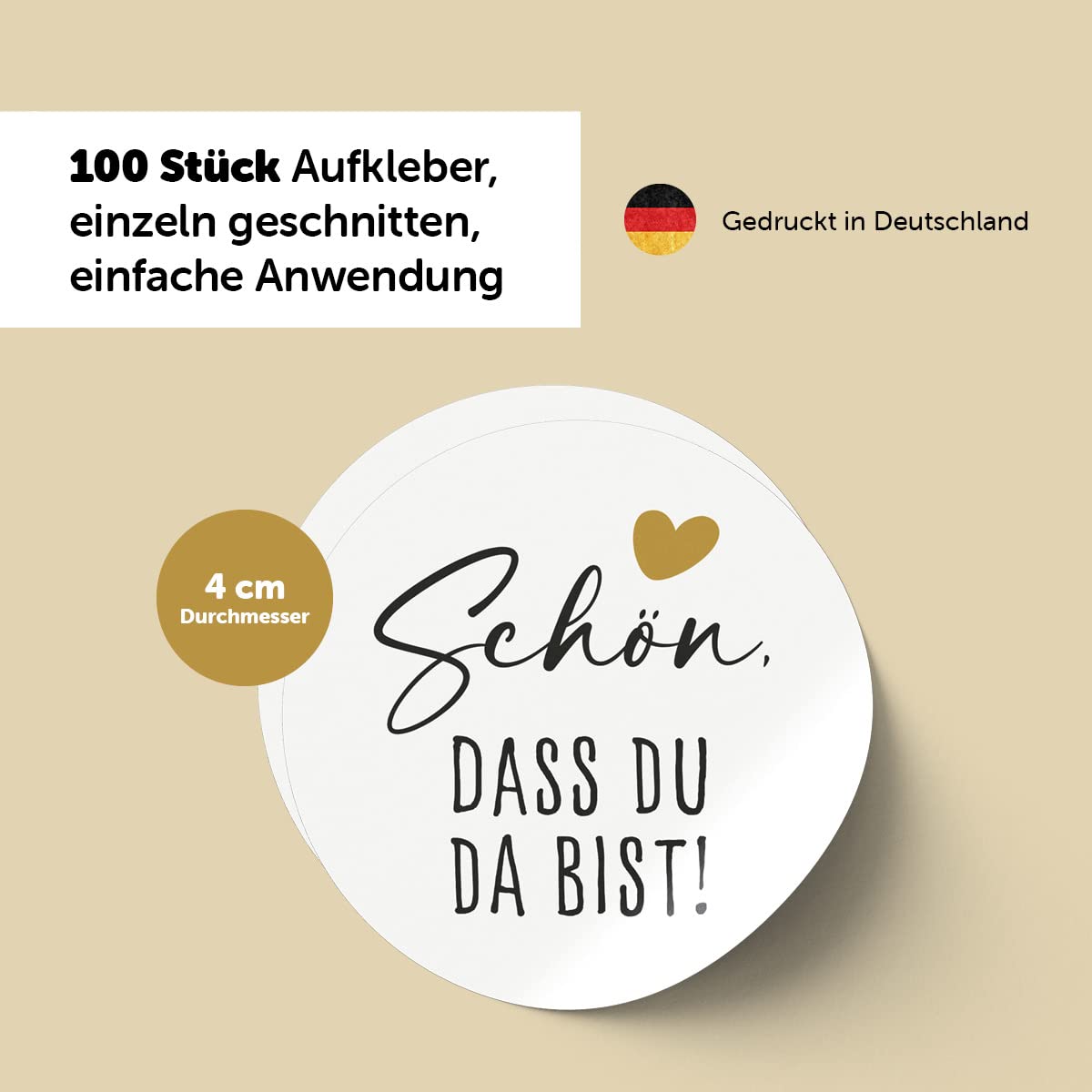 100 Stück Aufkleber „Schön, dass du da bist“, Ø 4 cm, selbstklebend für Hochzeiten und Feiern.