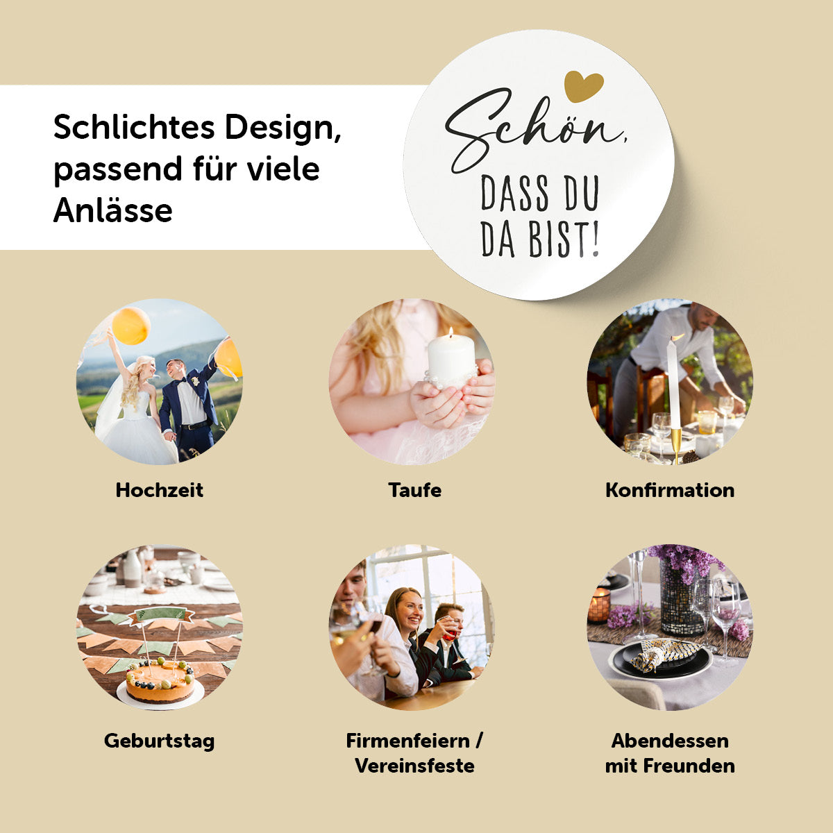 Sticker "Schön, dass du da bist" für Hochzeit, Taufe, Geburtstag und Firmenfeiern - vielseitiges Design.