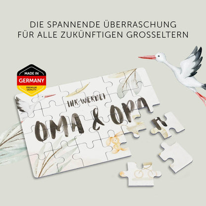24-teiliges Puzzle zur Schwangerschaftsverkündung für Oma und Opa, liebevoll gestaltet, made in Germany.