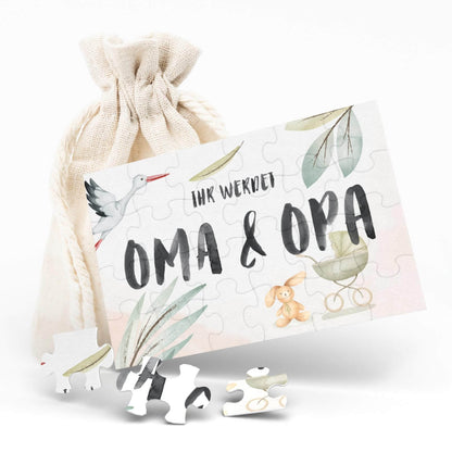 Schwangerschaft verkünden Puzzle für Oma und Opa, 24-teilig in Stoffsäckchen, liebevolles Design.