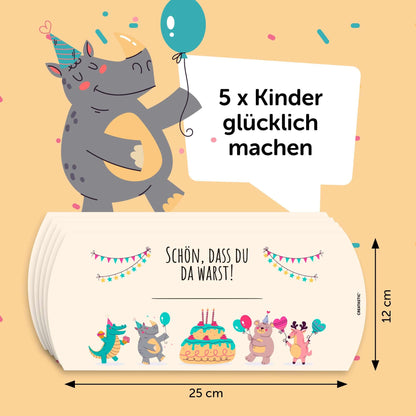 5 farbenfrohe Mitgebsel Schachteln für Kindergeburtstage mit Tierdesign und beschriftbarem Platz, 25x12 cm.
