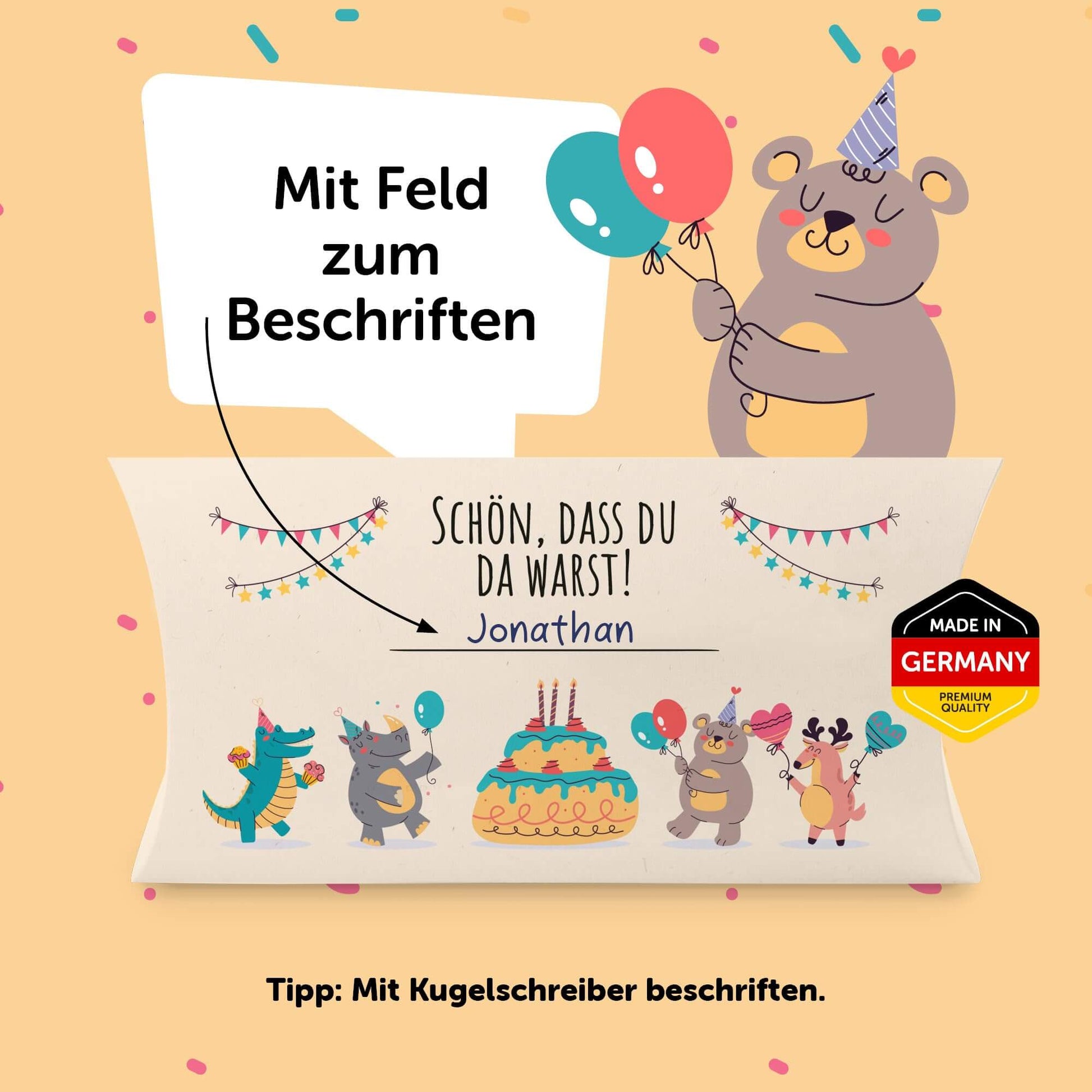 Mitgebsel Schachtel für Kindergeburtstag mit beschriftbarem Feld und Tierdesign, Made in Germany.