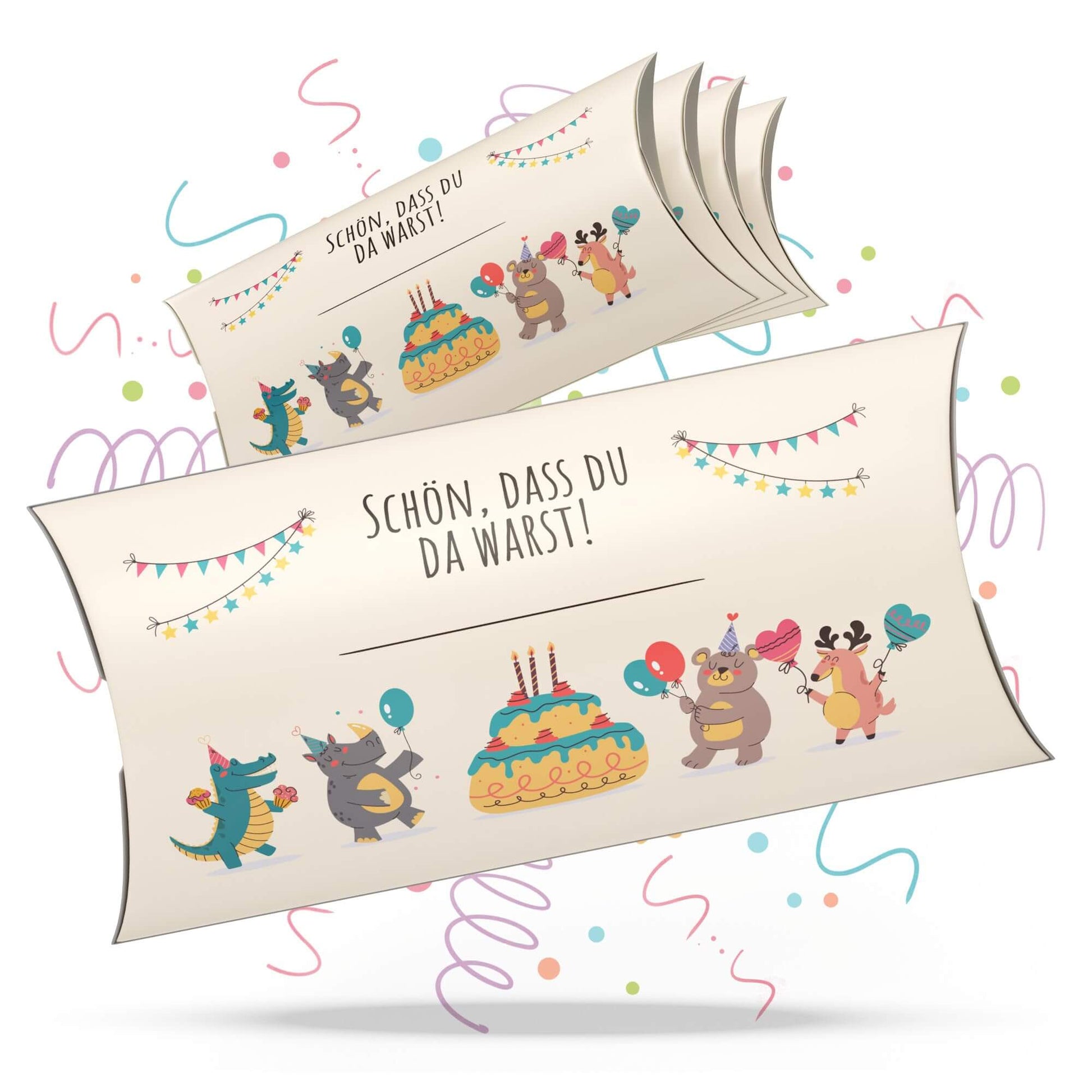 Bunte Mitgebsel Schachteln für Kindergeburtstag im Tierdesign, beschriftbar mit "Schön, dass du da warst!"