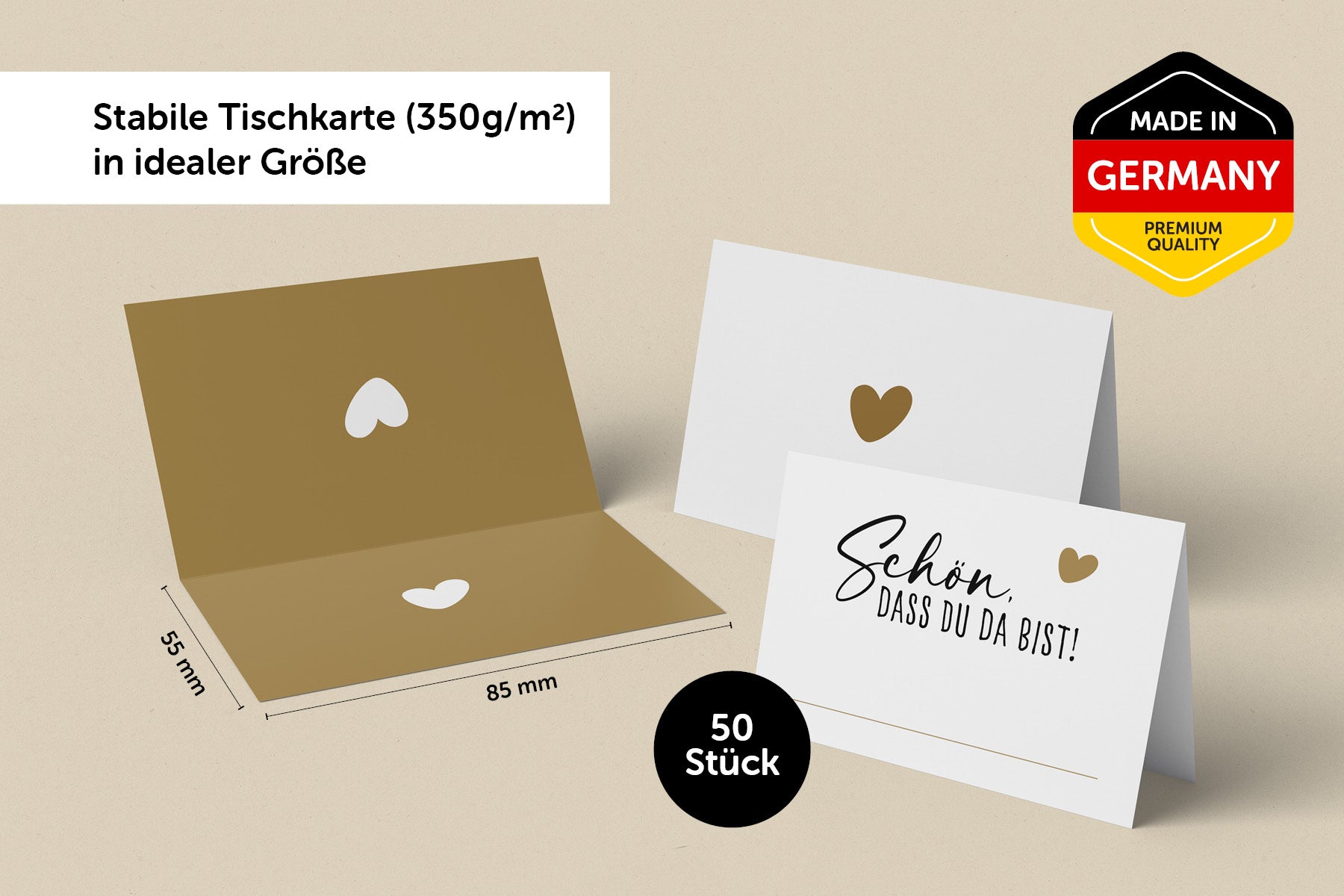 Hochwertige Tischkarten in Beige und Weiß, 50 Stück, ideal für Hochzeit oder Geburtstag, made in Germany.
