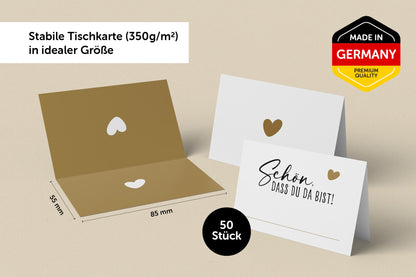 Hochwertige Tischkarten in Beige und Weiß, 50 Stück, ideal für Hochzeit oder Geburtstag, made in Germany.