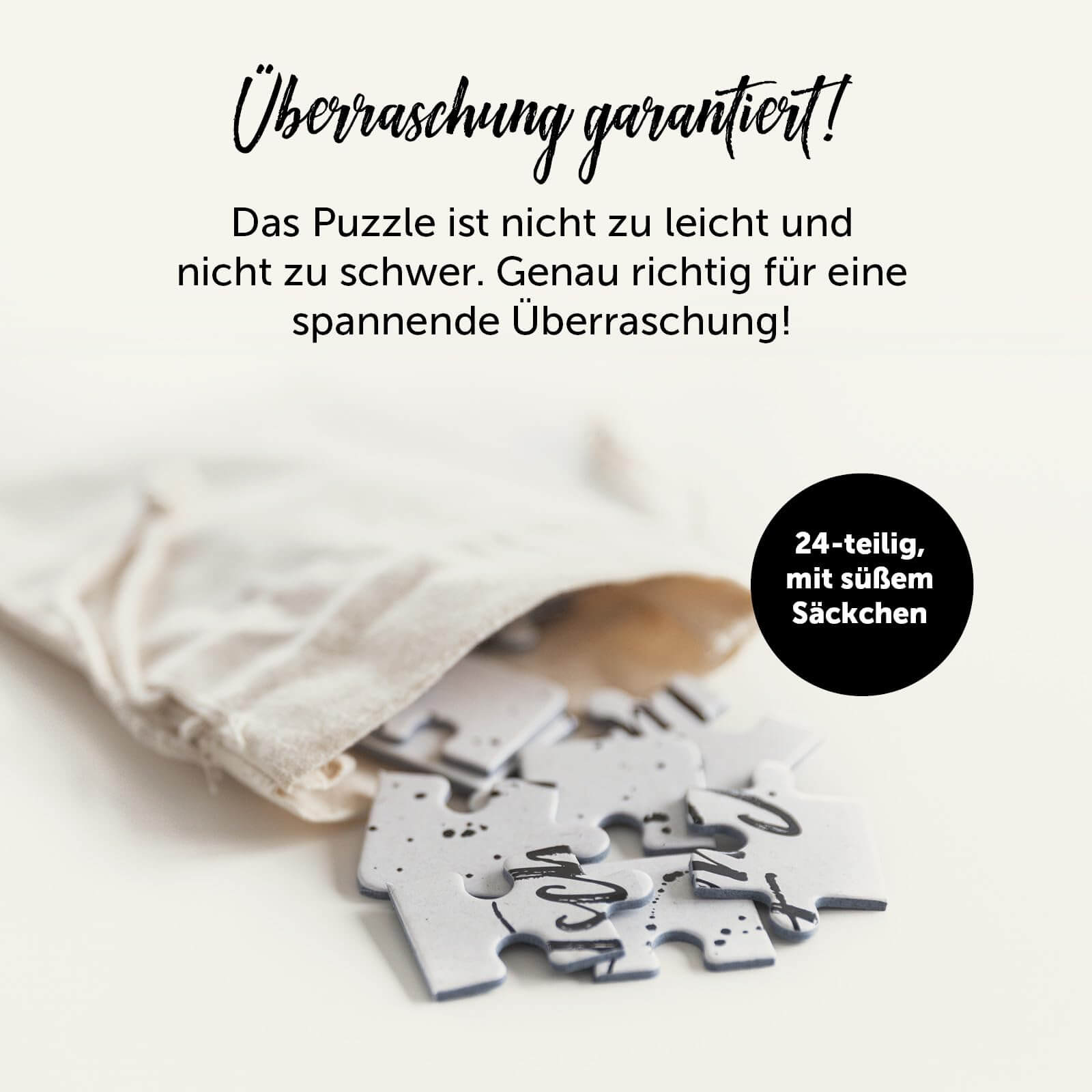24-teiliges Gutschein Puzzle im Stoffbeutel, kreative Geschenkidee für besondere Anlässe.