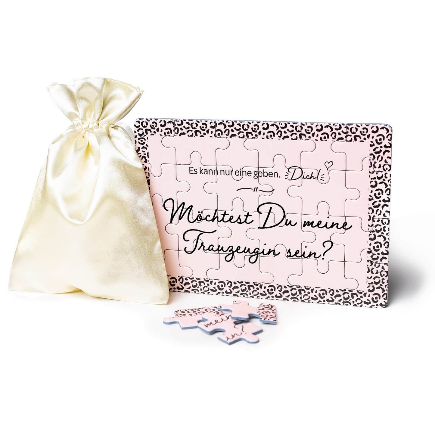 Rosa-Leopardenlook Puzzle mit Geschenkbeutel für Trauzeugin-Antrag, 24 Teile, liebevolles Design.