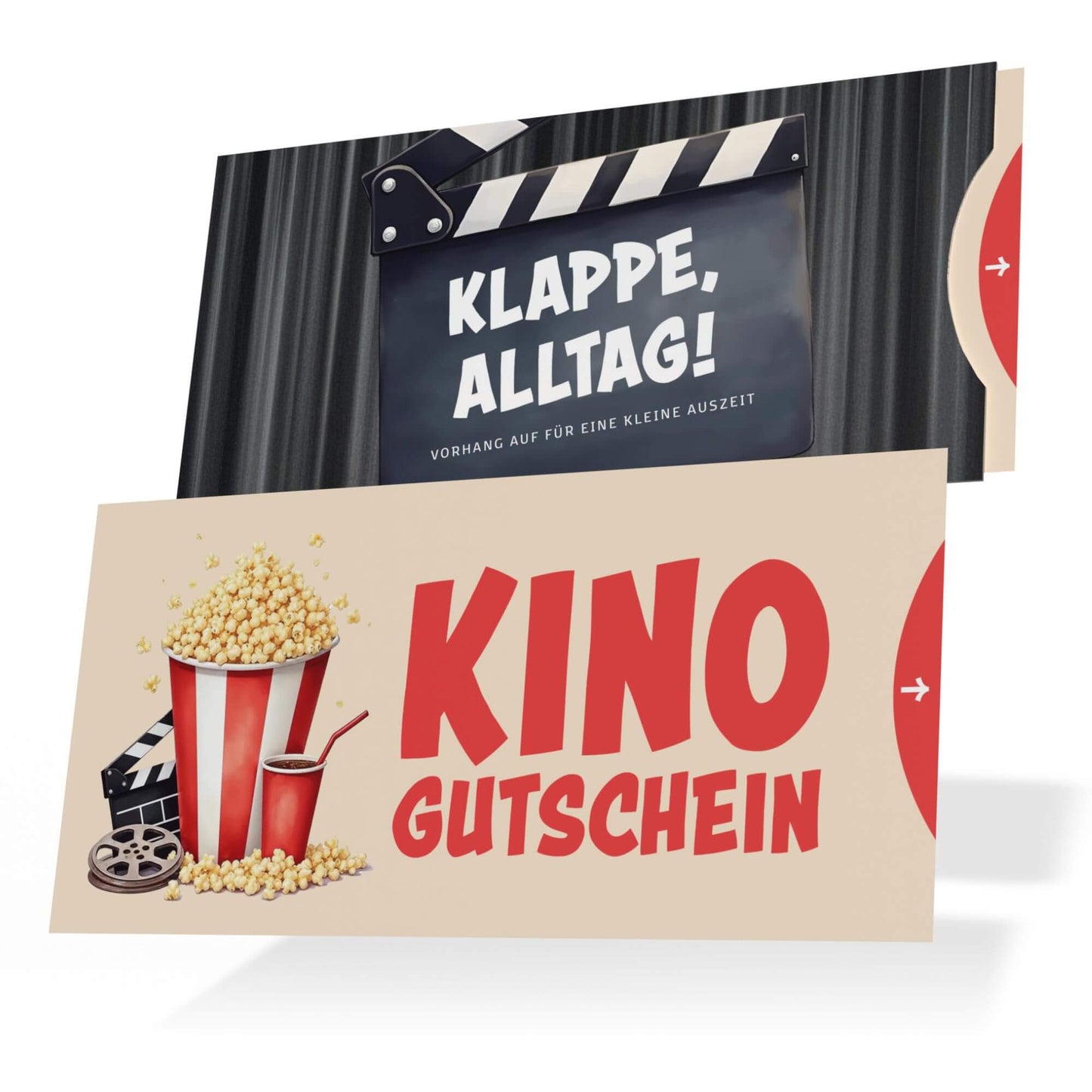 Witziger Kinogutschein mit Popcorn, Filmklappe und humorvollem Spruch auf hochwertiger Karte.
